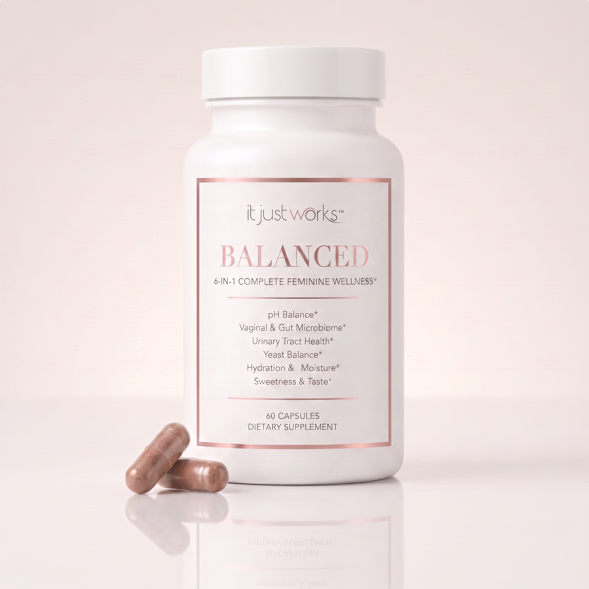 Balanced 6-in-1 Feminine Wellness supplement with probiotics and natural ingredients promoting vaginal pH balance and urinary health