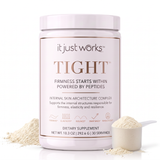 Dietary supplement container labeled Tight in pale pink with firmness and elasticity claims alongside a scoop of beige powder.