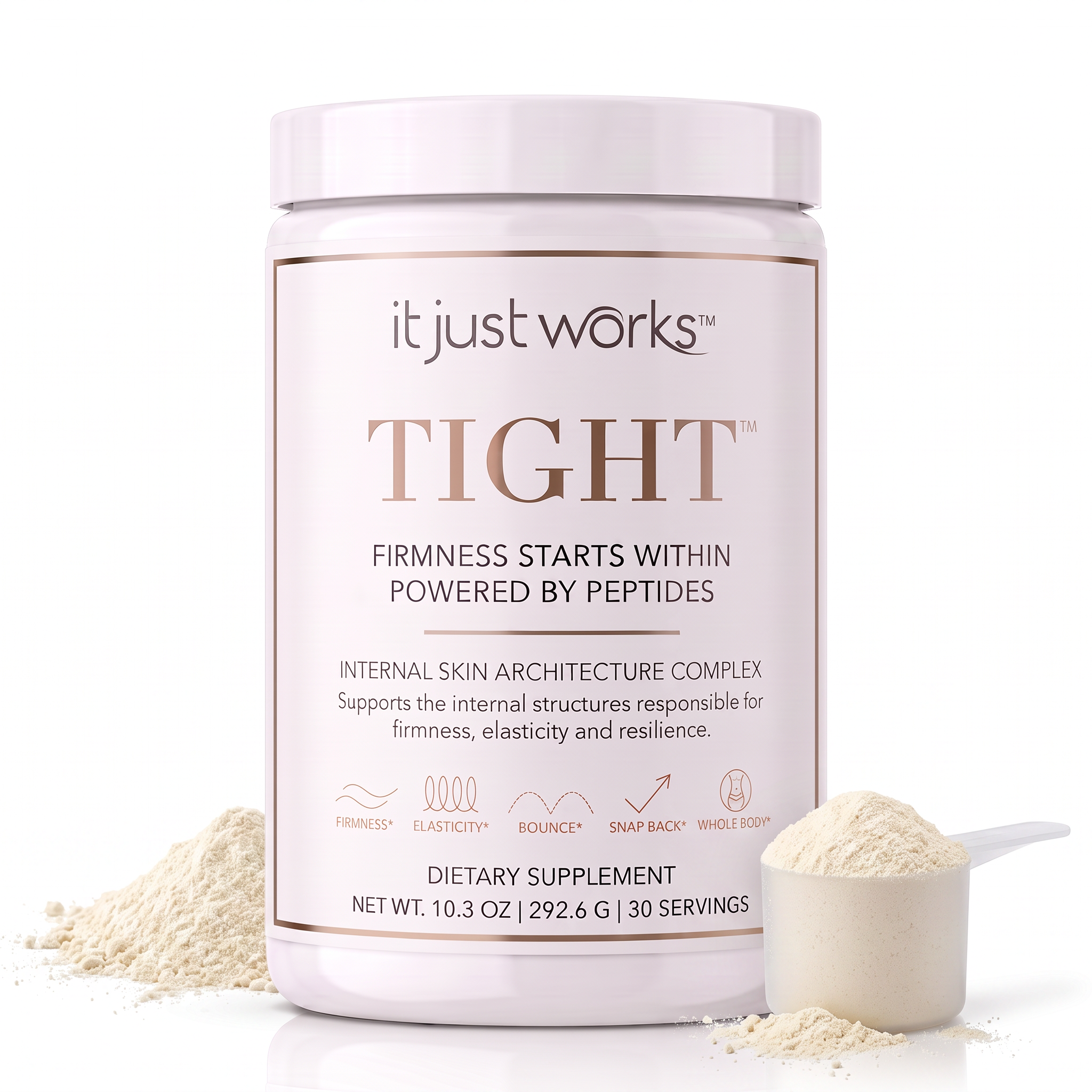 Dietary supplement container labeled Tight in pale pink with firmness and elasticity claims alongside a scoop of beige powder.