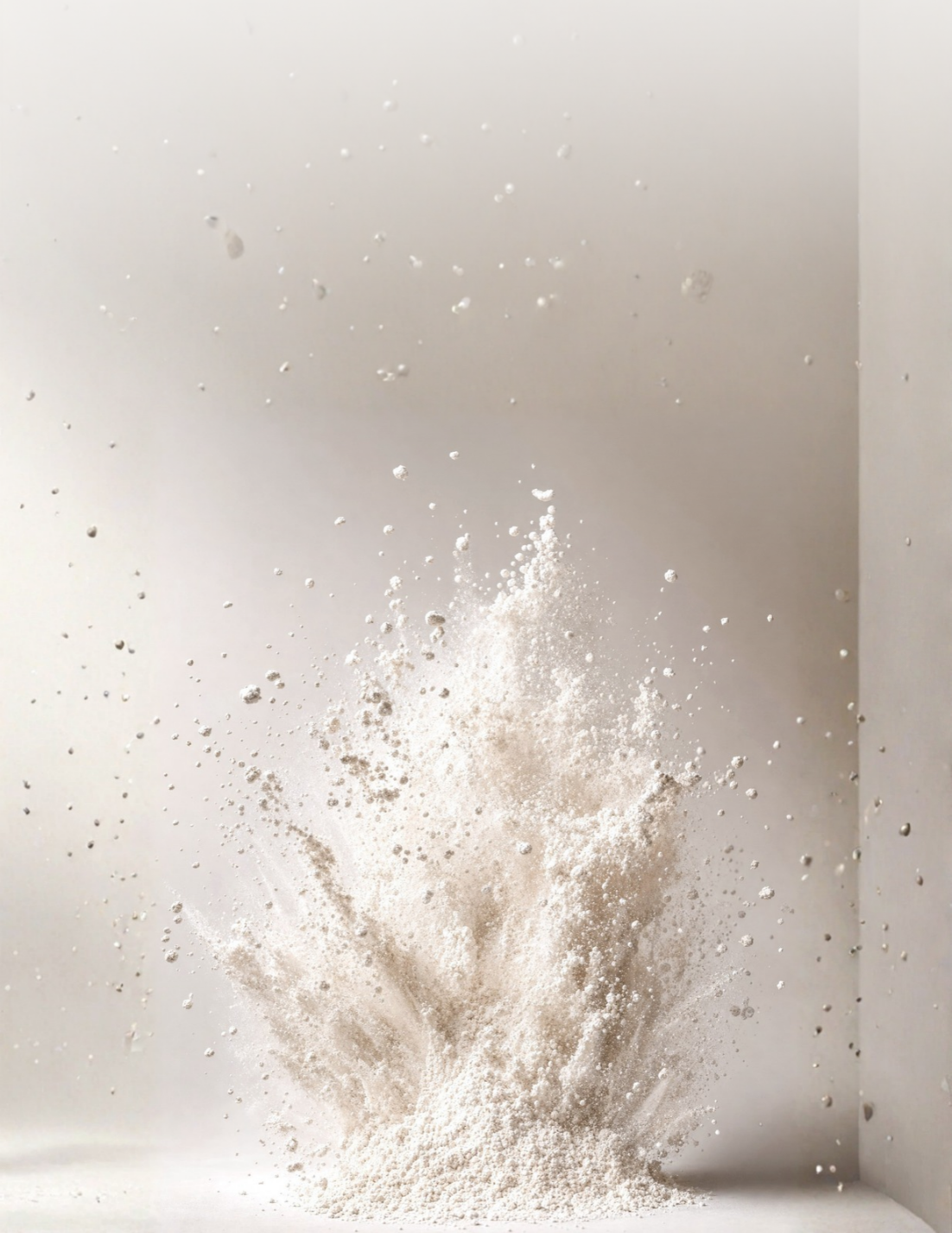 A close-up lifestyle shot of a woman mixing a white powder supplement into a clear glass of water, with her bare midsection visible against a textured beige wall.